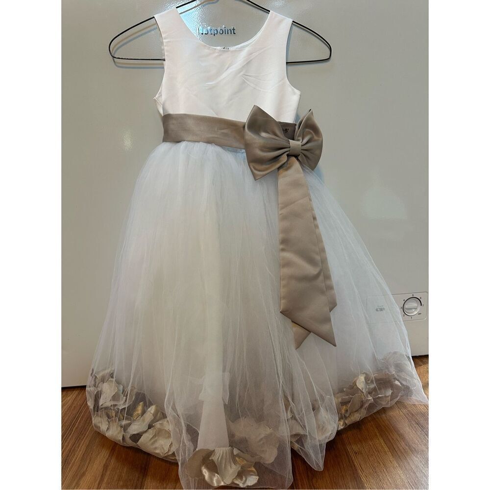 Flower Girl Dress White & Biscotti with flower pedals and Bow | Little Girls siz